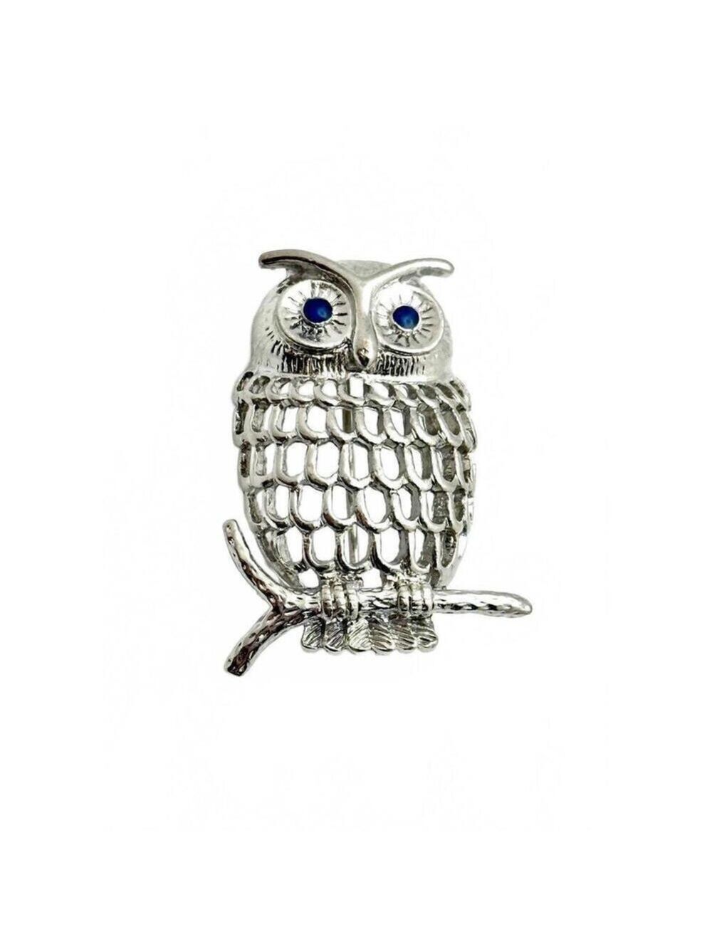 Vintage Silver-Tone Brooch Blue Eyes Owl Bird Pin Openwork
